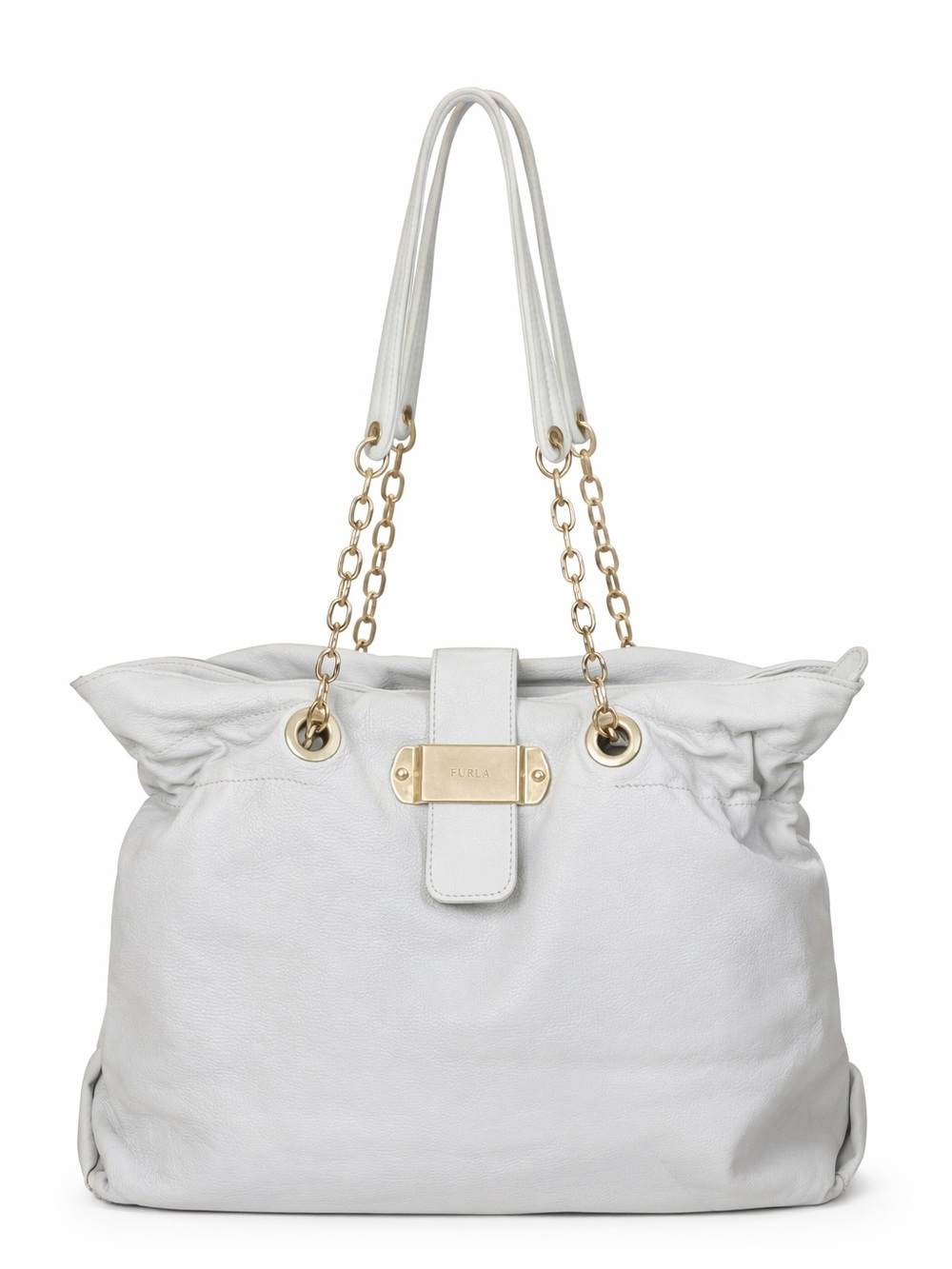 FURLA Pebbled Leather Chain Hobo – Light Gray